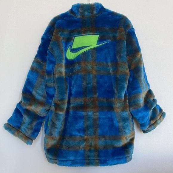 Nike Sportswear Women Green Blue Plaid Faux Fur Jacket DD4541-476 Size Small - Picture 4 of 8